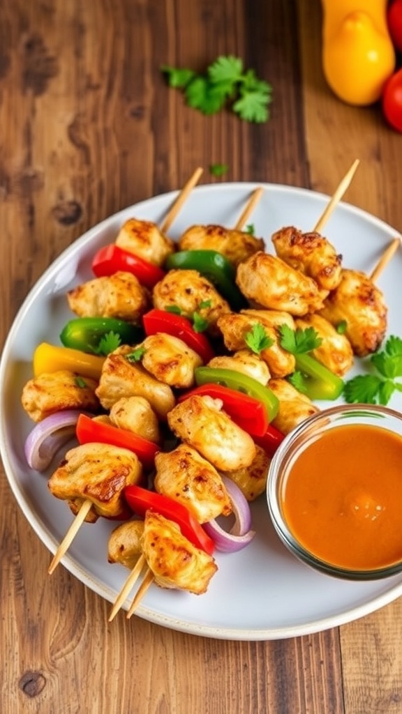 Air Fryer Chicken Skewers Recipe Golden-brown air fryer chicken skewers with bell peppers and onions, served with dipping sauce on a wooden table.